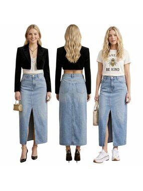 Old Navy Womens Mid-Rise Drapey Denim Maxi Skirt With Front Slit Size 4 Blue New